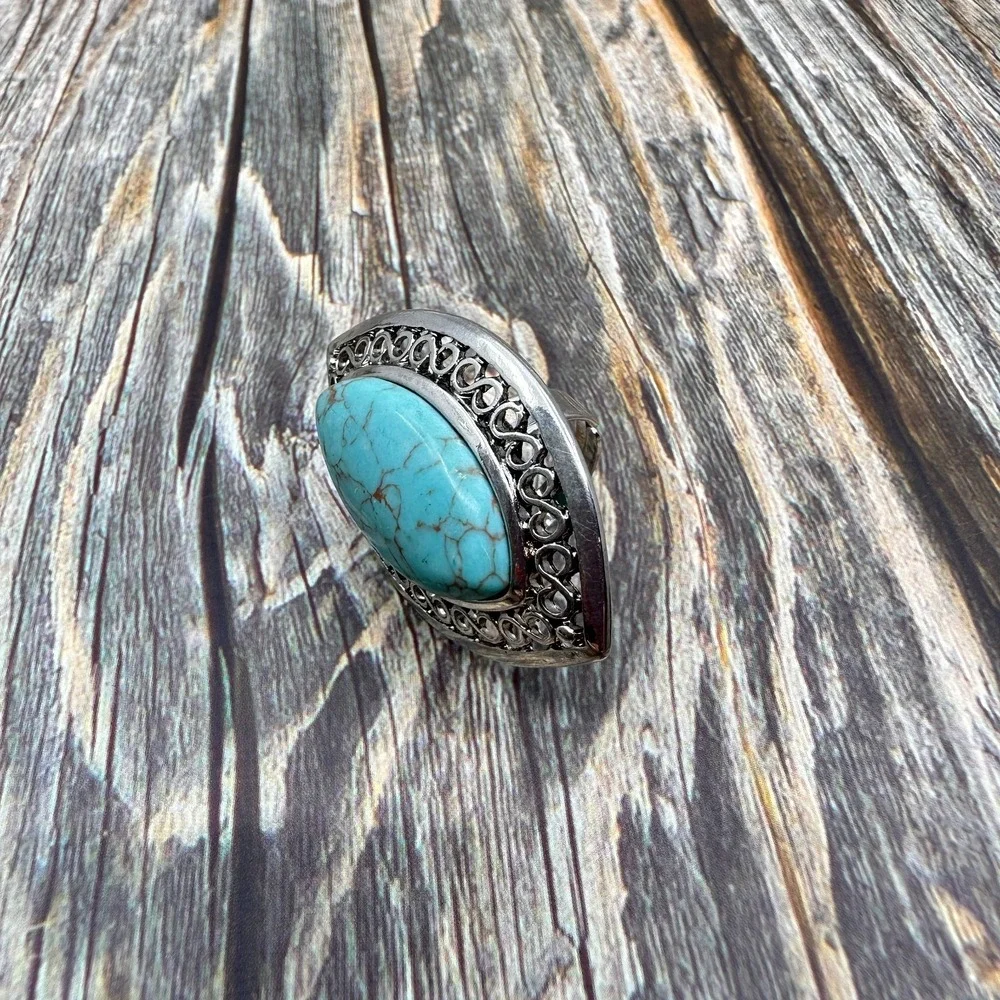 Boho Turquoise Oval Statement Ring Silver Tone Filigree Adjustable Vintage Gift
